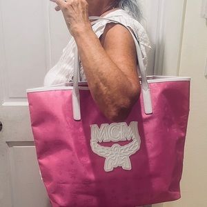Beautiful MCM pink nylon tote with white patent leather trim and logo.